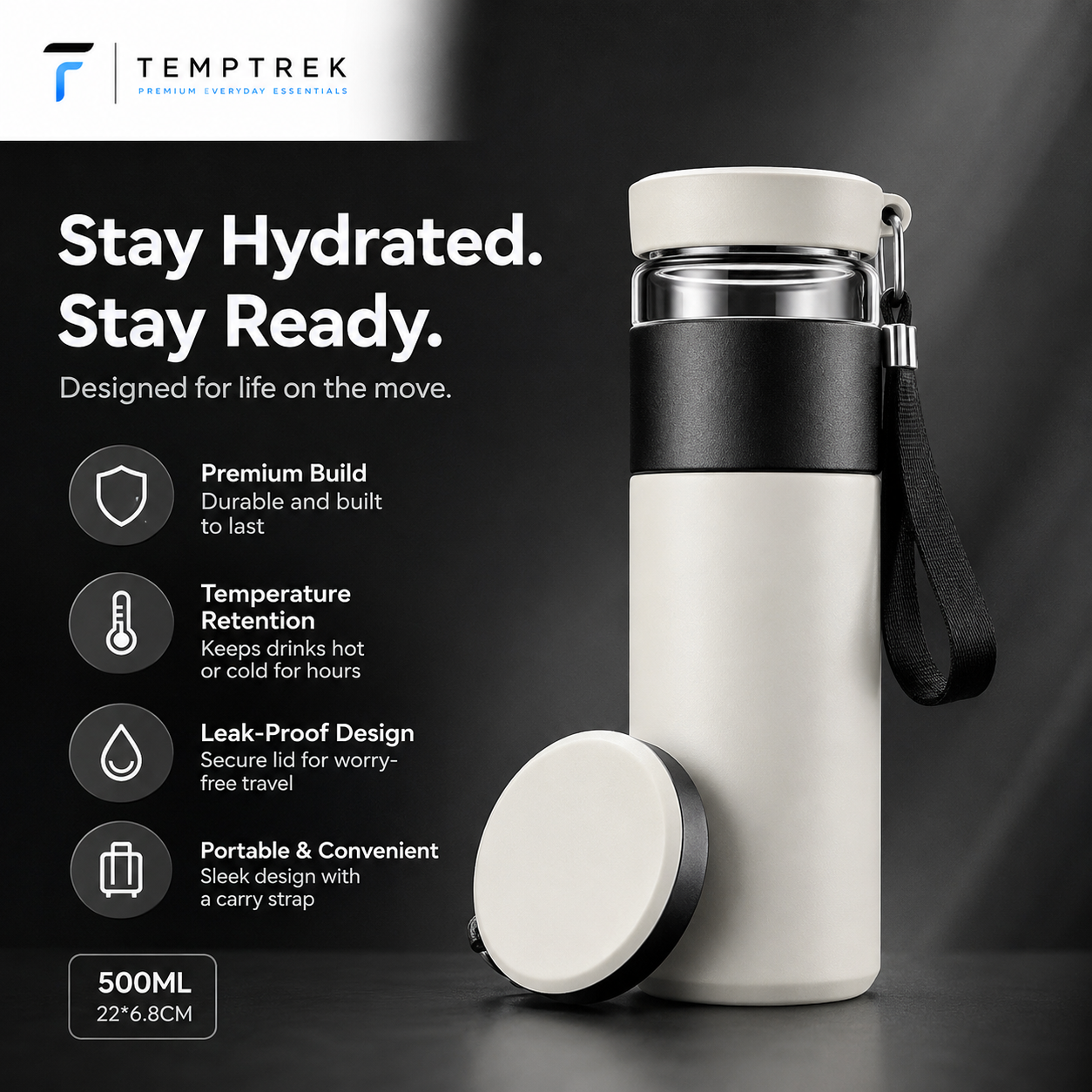 SteepFlow bottle placed on a desk in an everyday work setting.