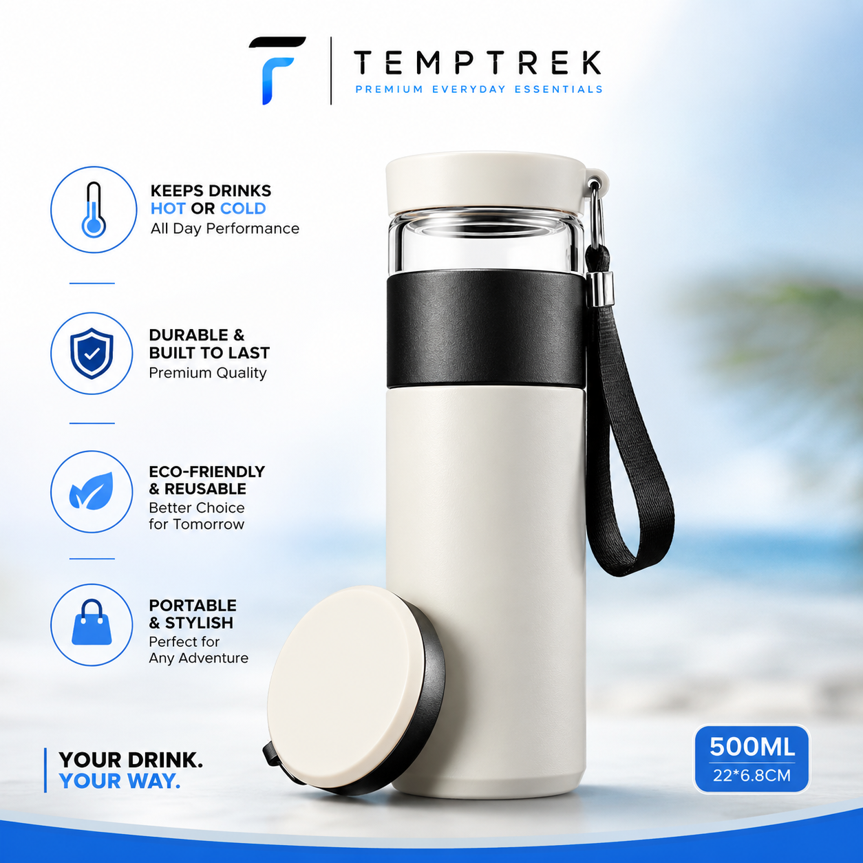 The SteepFlow bottle shown with its lid removed, revealing the wide mouth opening.