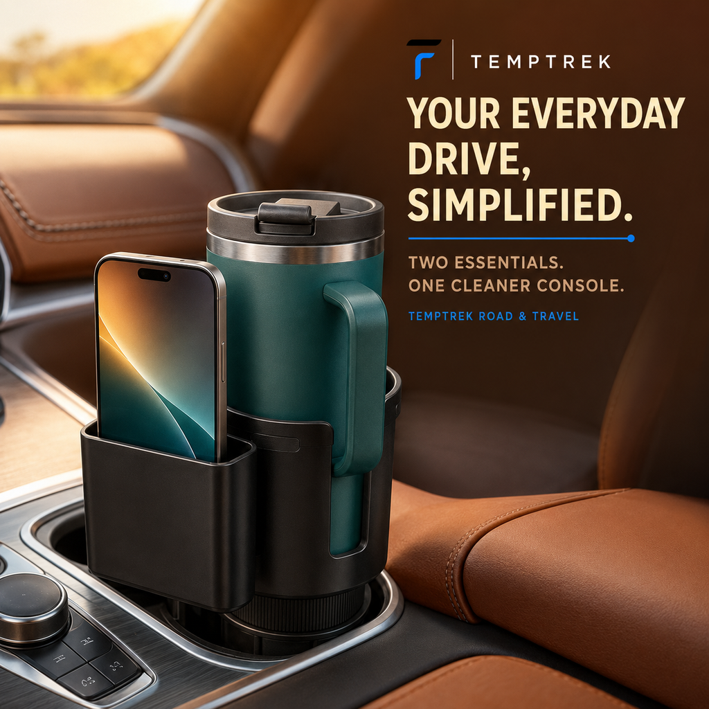 TempTrek RoadMate car organizer holding a drink and a smartphone