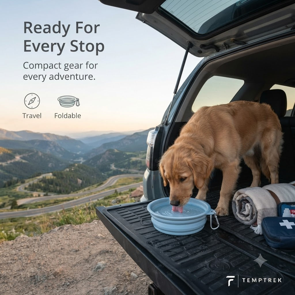 Golden retriever drinking from blue TrailBowl in car trunk overlooking mountain vista