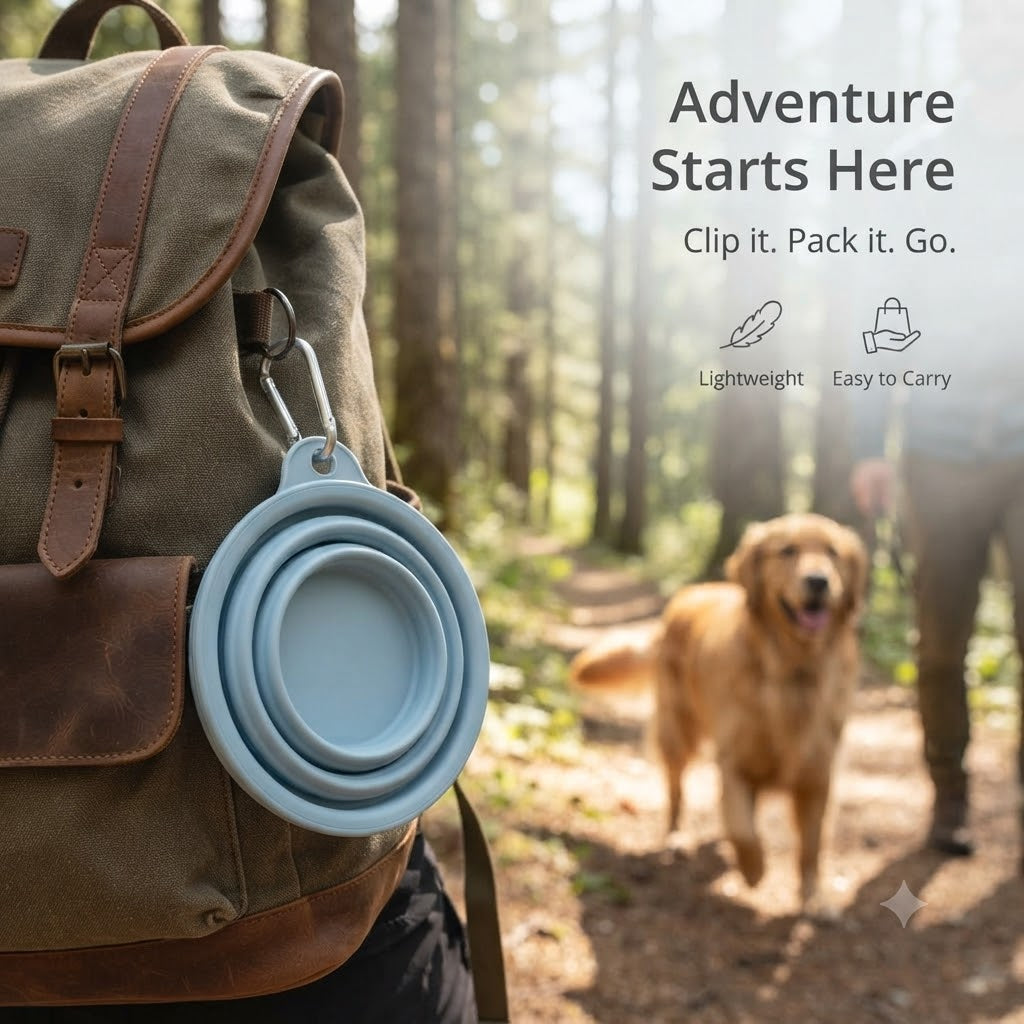 Collapsed blue TrailBowl clipped to a backpack with dog and hiker on forest trail