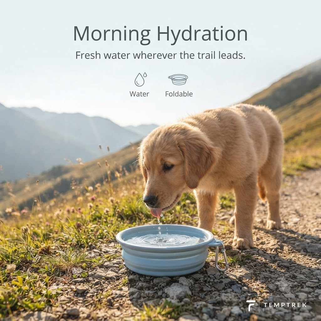 Golden retriever puppy drinking from blue TrailBowl on a rocky mountain trail