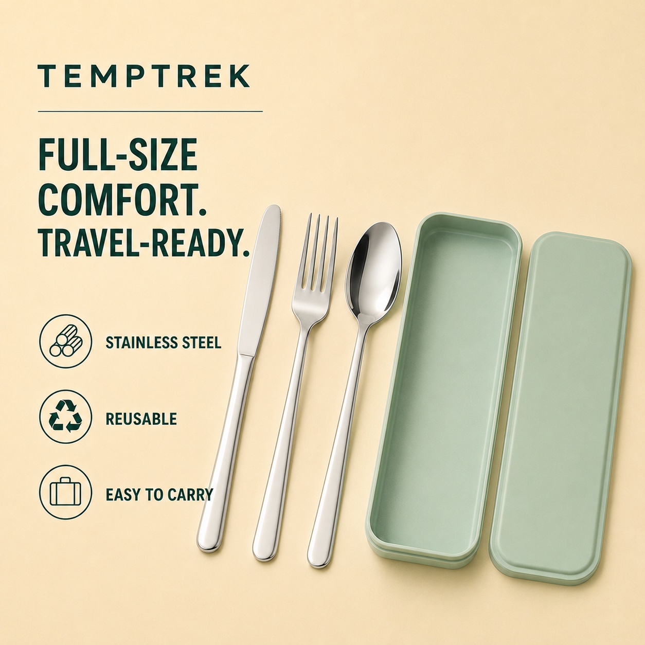 TempTrek Travel Cutlery Set | 3-Piece Stainless Steel
