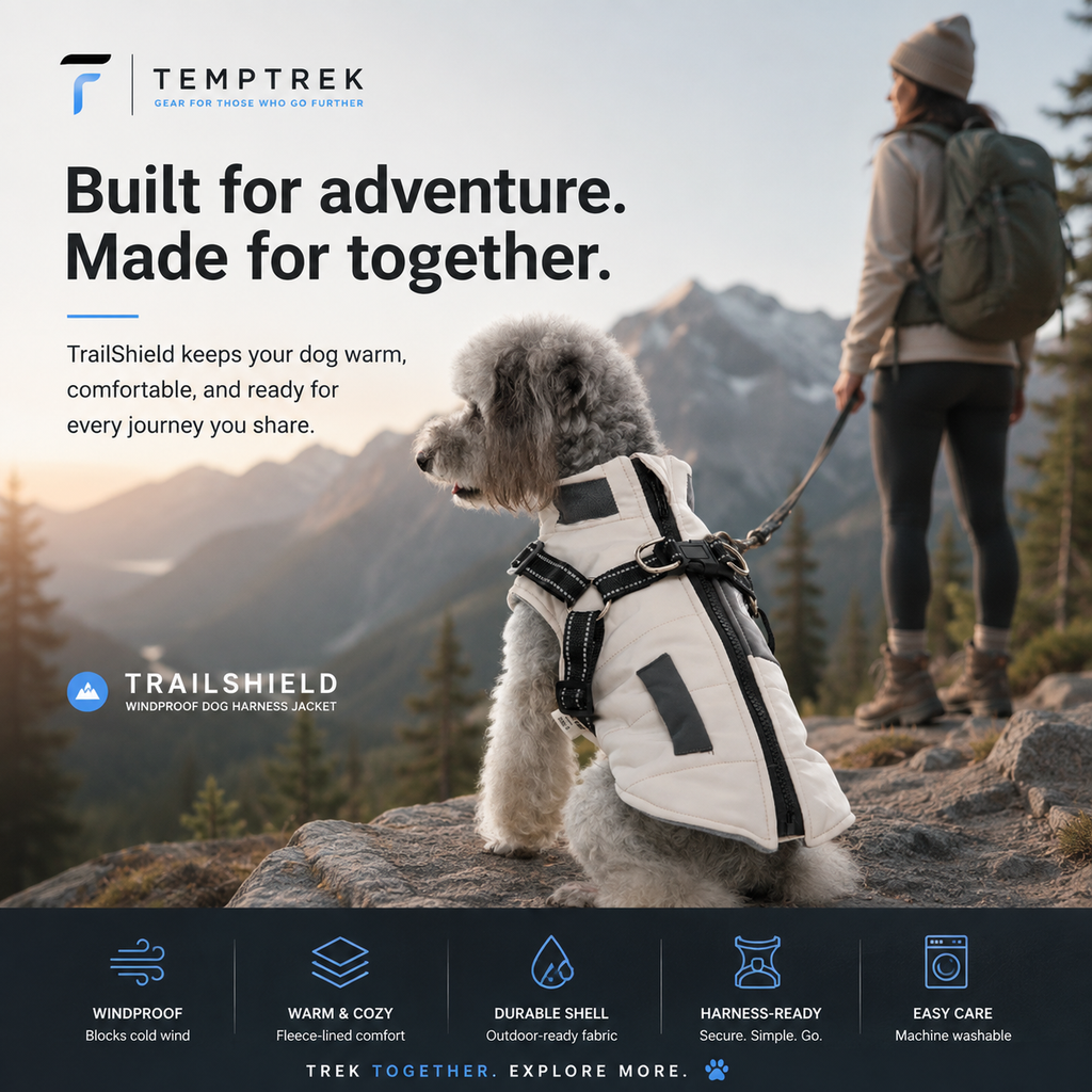Dog wearing the TempTrek TrailShield jacket while walking outdoors