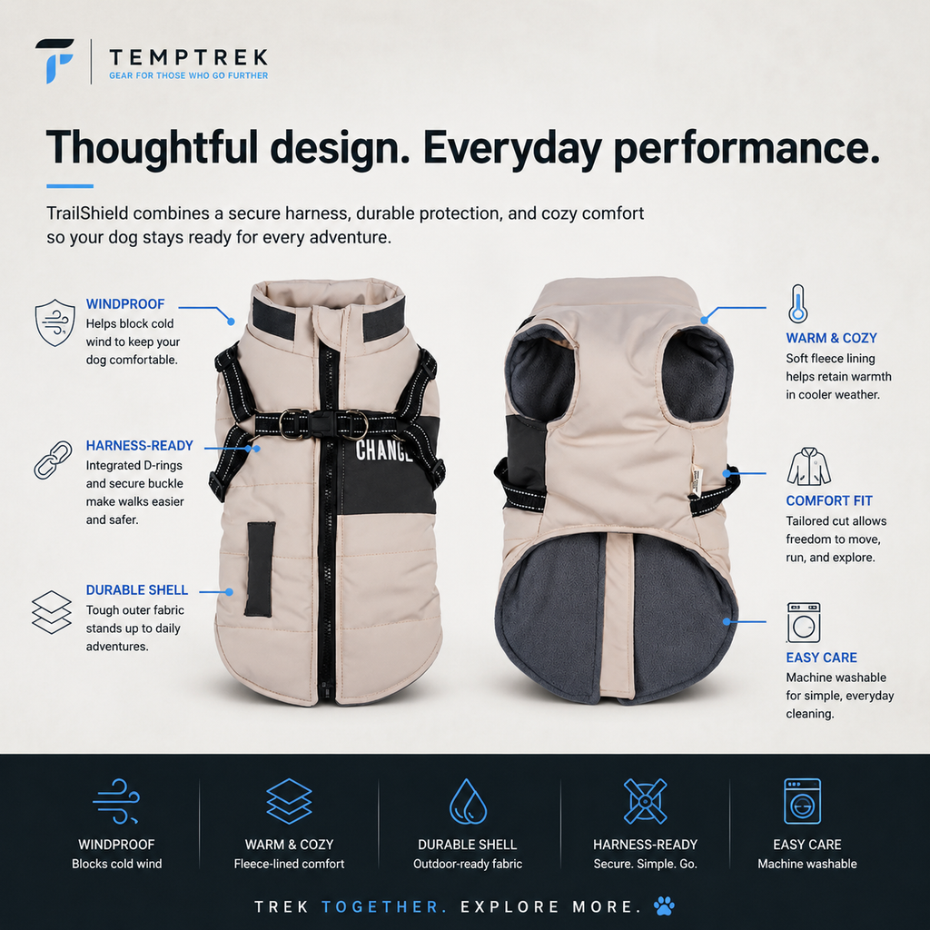 TempTrek TrailShield dog jacket shown from the back on a white background