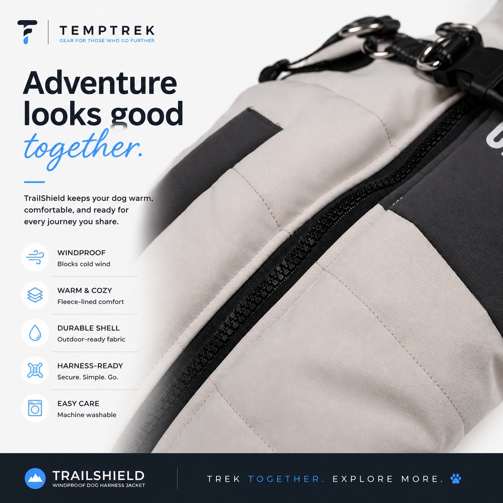 TempTrek TrailShield dog jackets shown together in Glacier Blue, Basecamp Cream, and Trailblush Pink