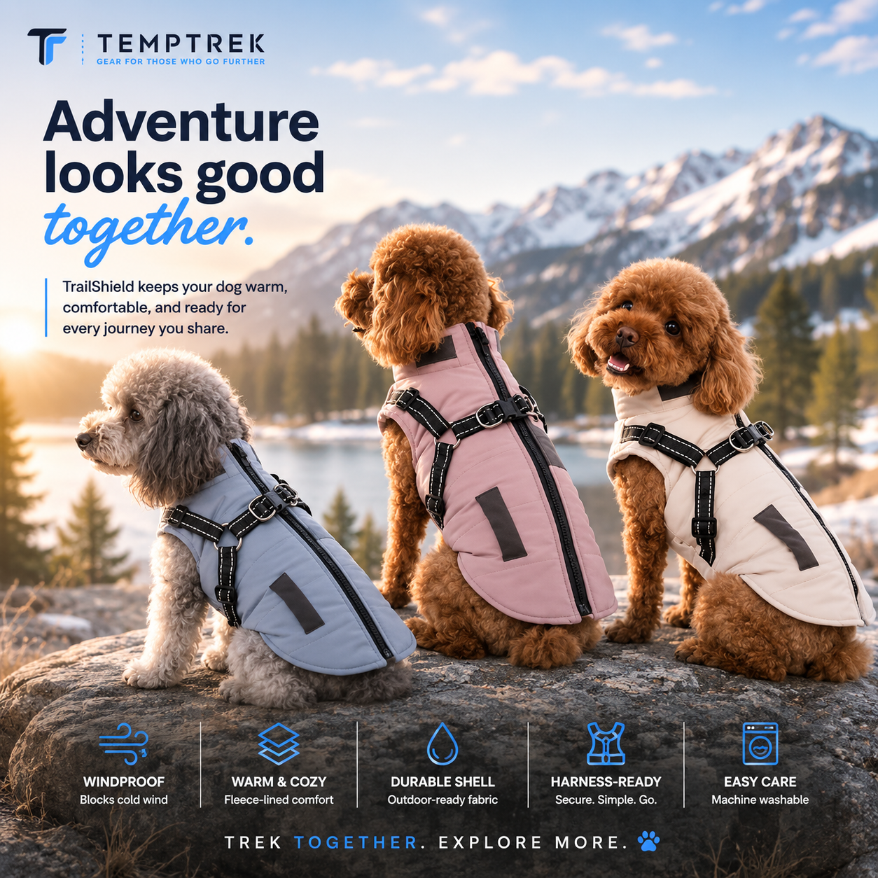 Close-up of a dog wearing the TempTrek TrailShield jacket outdoors