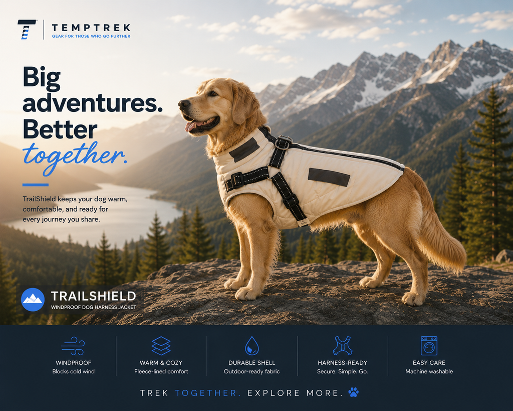 Dog wearing the TempTrek TrailShield jacket outdoors on a wooded trail