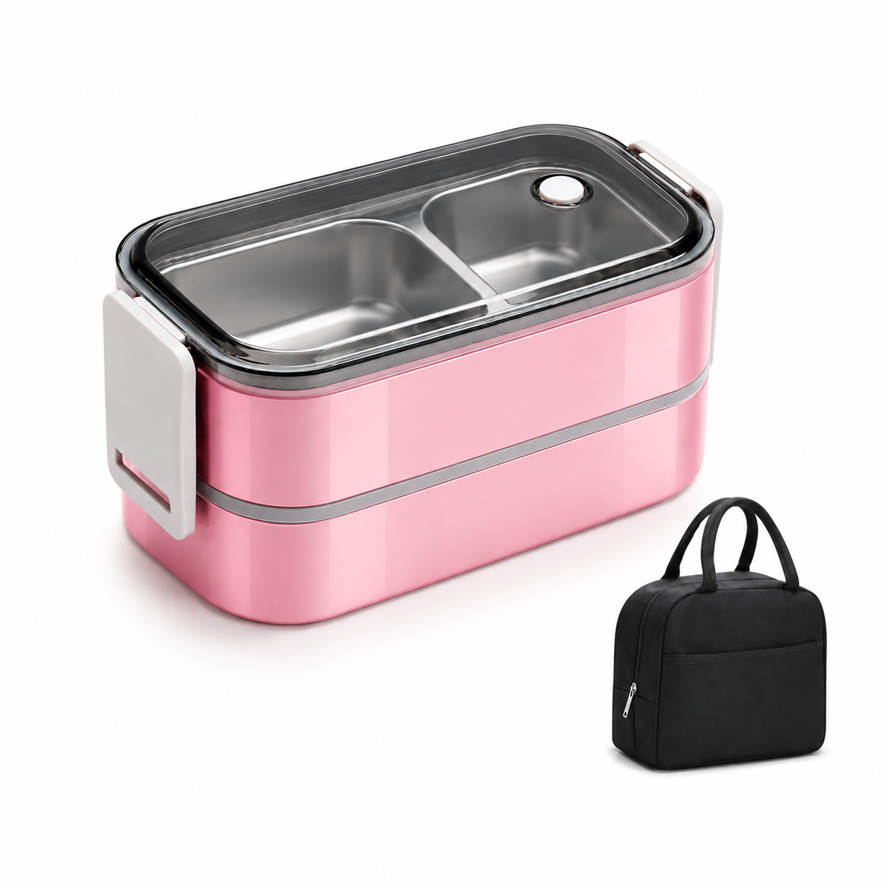 Blush Pink StackMeal bento box open, showing two stainless steel compartments, beside its black insulated carry bag