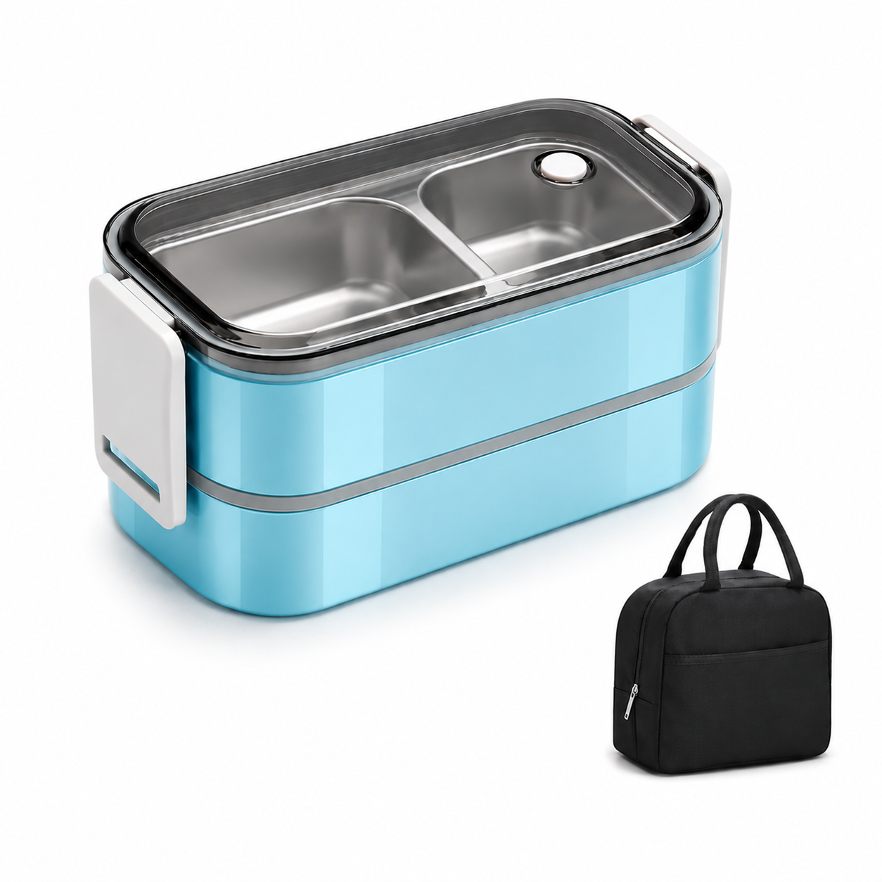 Ocean Blue StackMeal bento box open, showing two stainless steel compartments, next to its black insulated carry bag