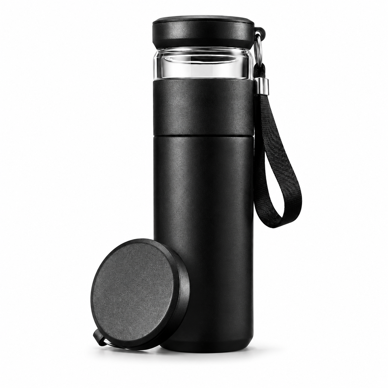 TempTrek SteepFlow bottle shown from the front with its infuser insert visible through the opening.