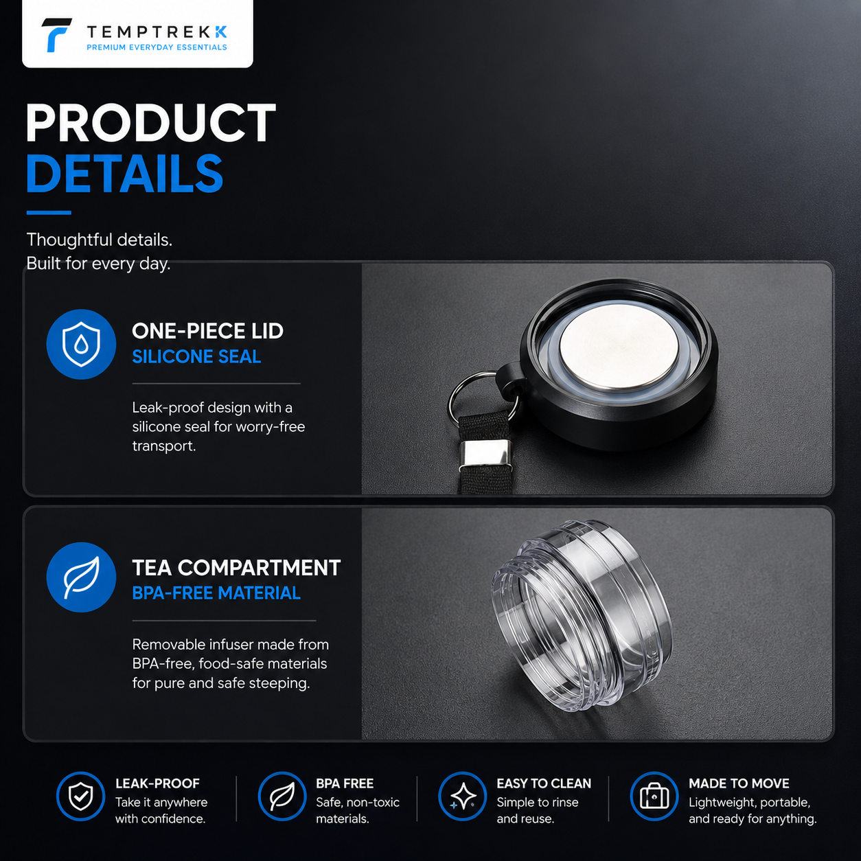Close-up view of the SteepFlow bottle's cap and exterior surface finish.