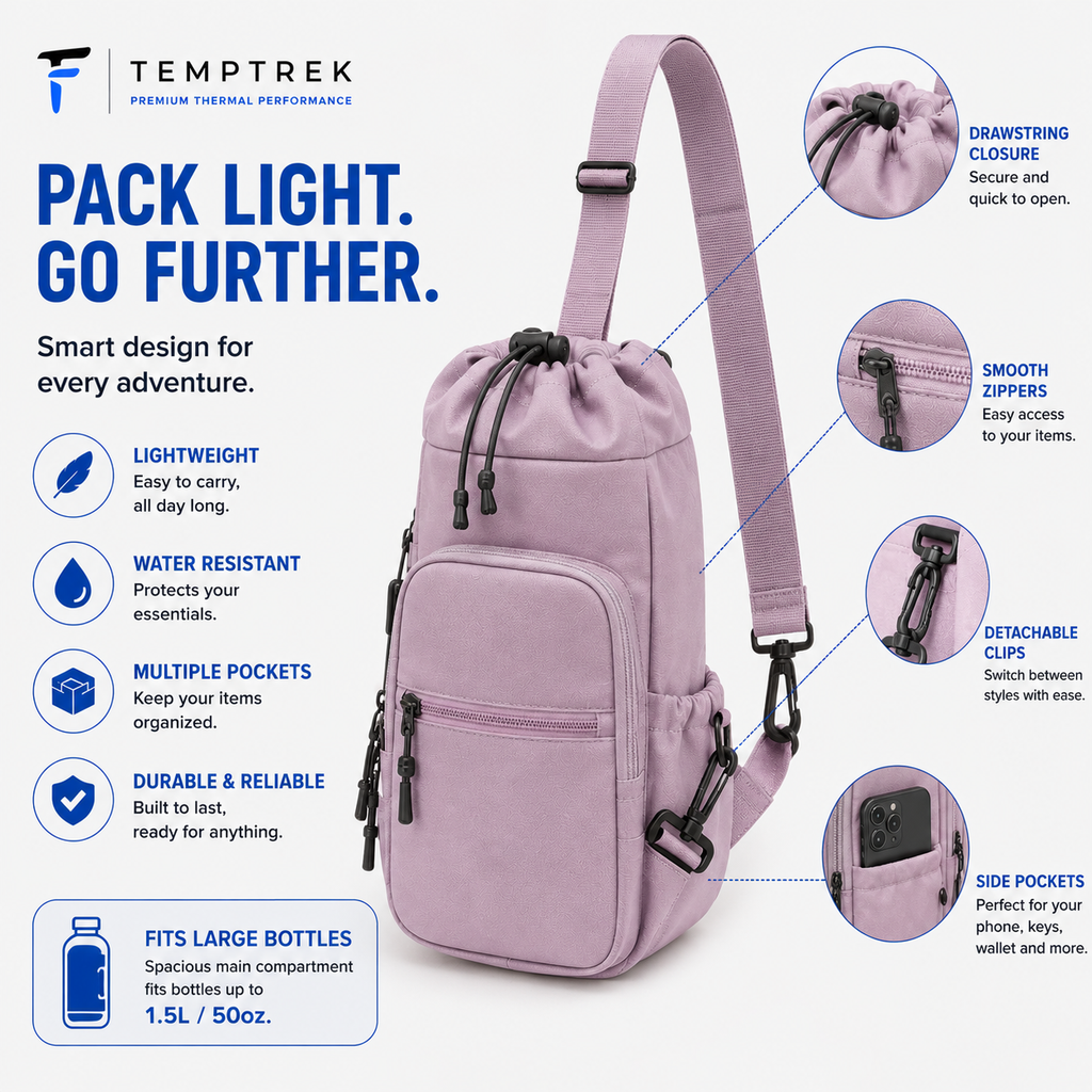 TempTrek CarrySling infographic showing light purple bag with callouts for drawstring closure, zippers, clips, and side pockets
