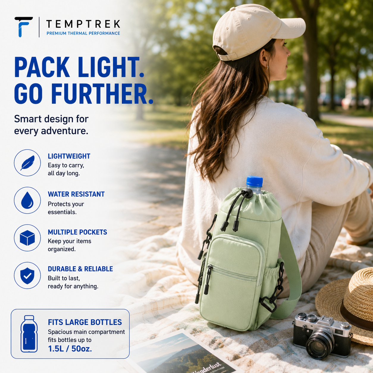 Woman sitting in a park wearing sage green CarrySling bag, TempTrek marketing graphic with feature icons