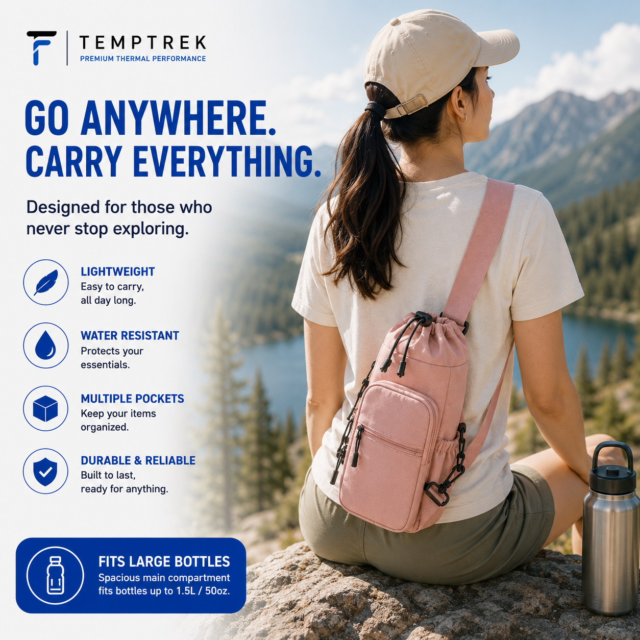 Woman wearing pink CarrySling bag on a mountain overlook, TempTrek marketing graphic with feature icons