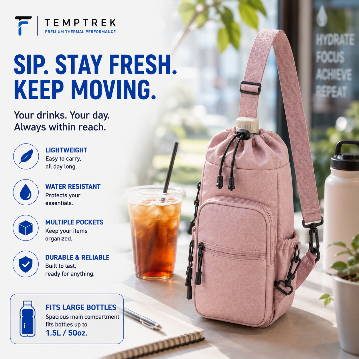 Pink CarrySling bag on a cafe table next to iced tea, TempTrek marketing graphic with feature icons