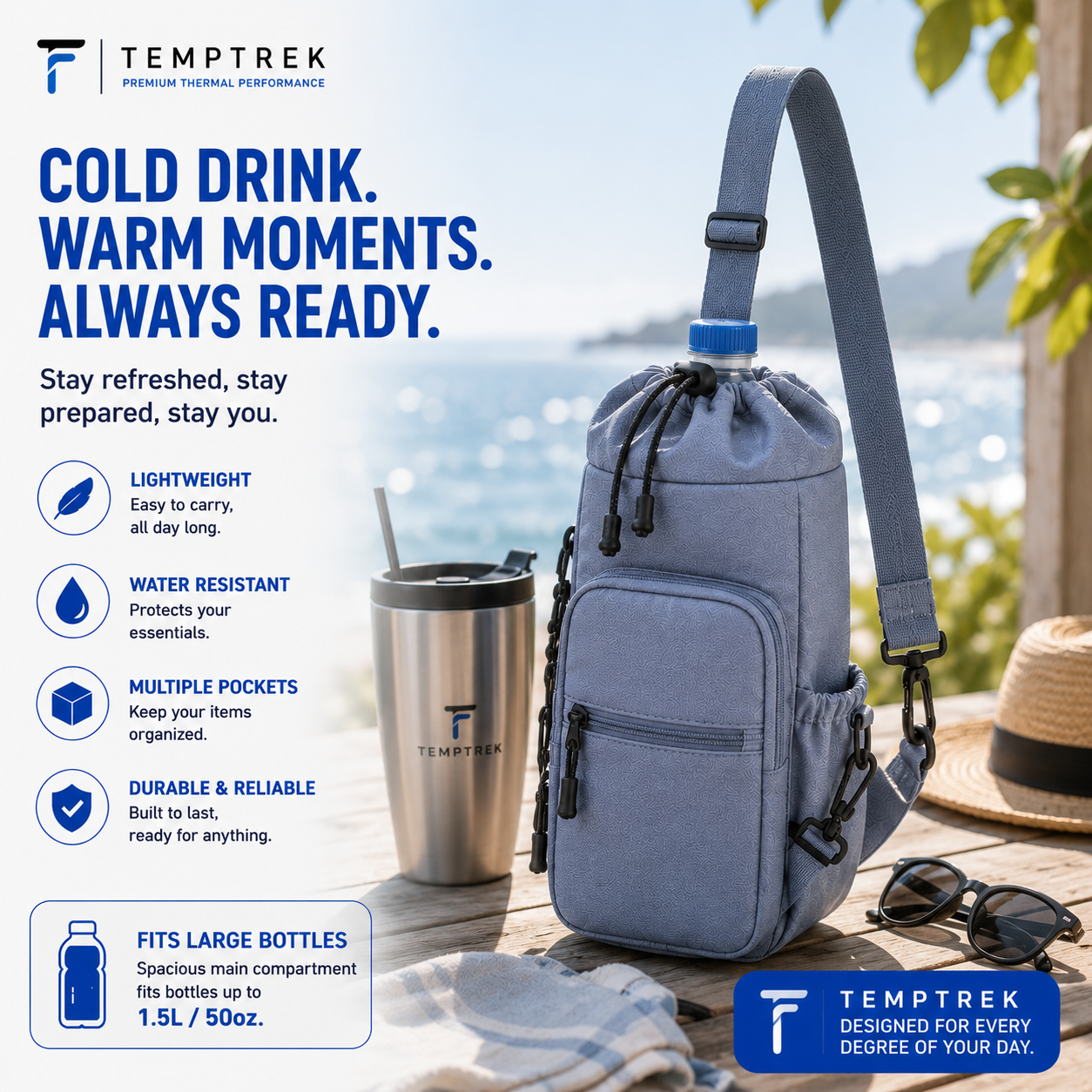 TempTrek CarrySling marketing graphic with gray bag, steel tumbler, sunglasses, and feature icons at a beach setting