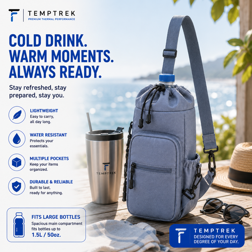 TempTrek CarrySling marketing graphic with gray bag, steel tumbler, sunglasses, and feature icons at a beach setting