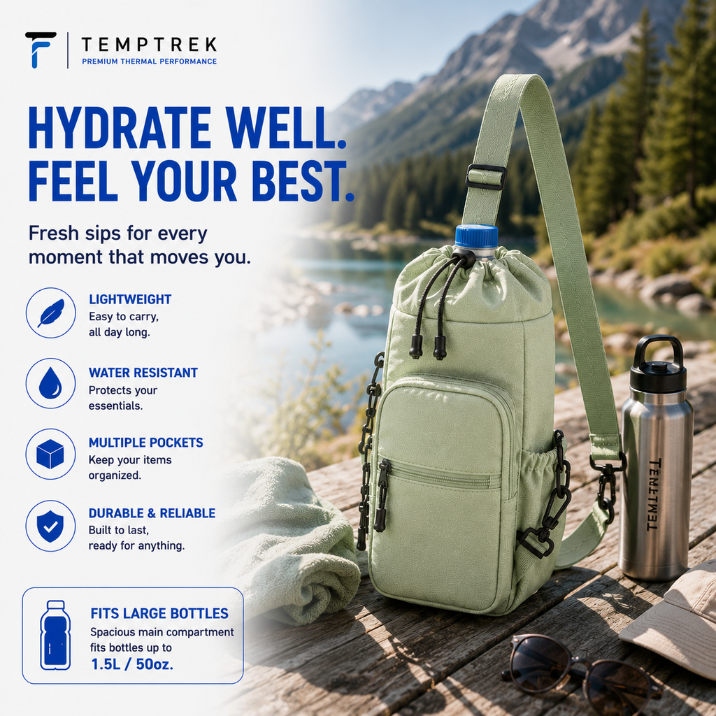 Sage green CarrySling bag with steel water bottle at a mountain lake, TempTrek marketing graphic with feature icons