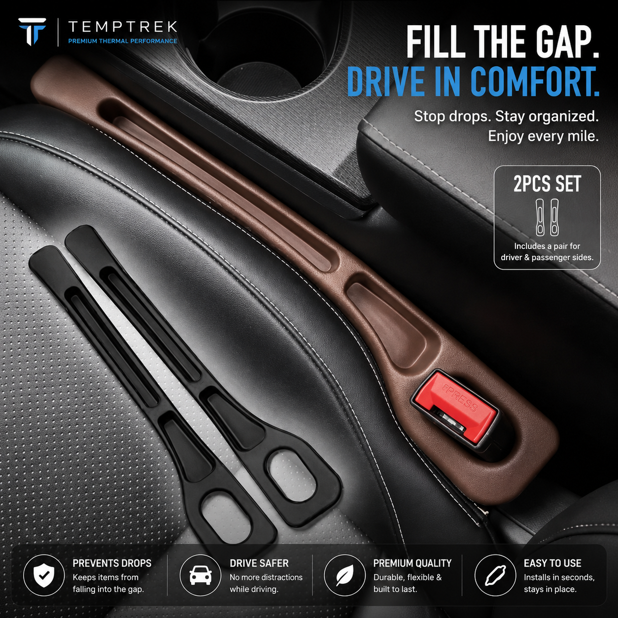 Close-up of black and brown GapGuard pieces installed in car seat gap