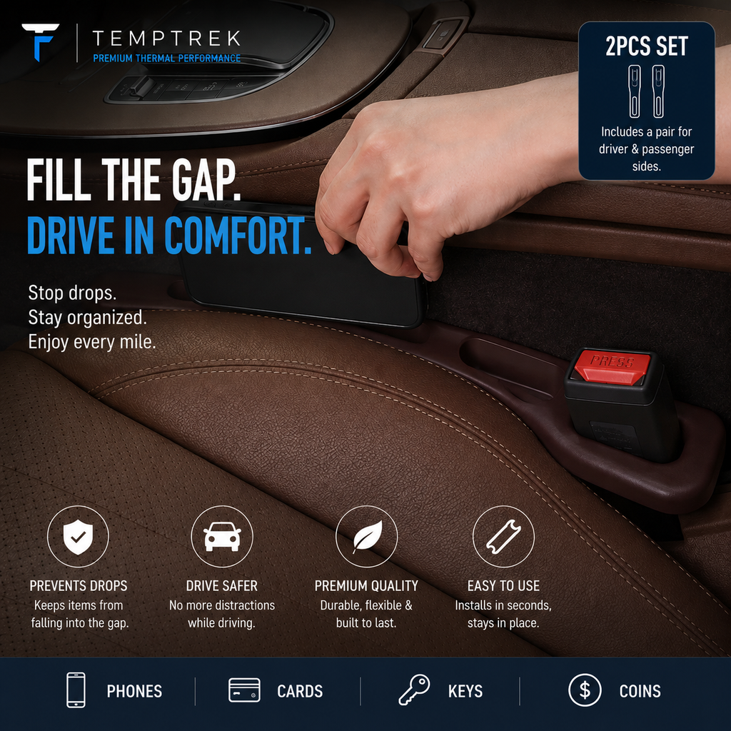 Marketing graphic of hand placing phone into GapGuard seat gap organizer, tan leather car seat, 2-piece set label