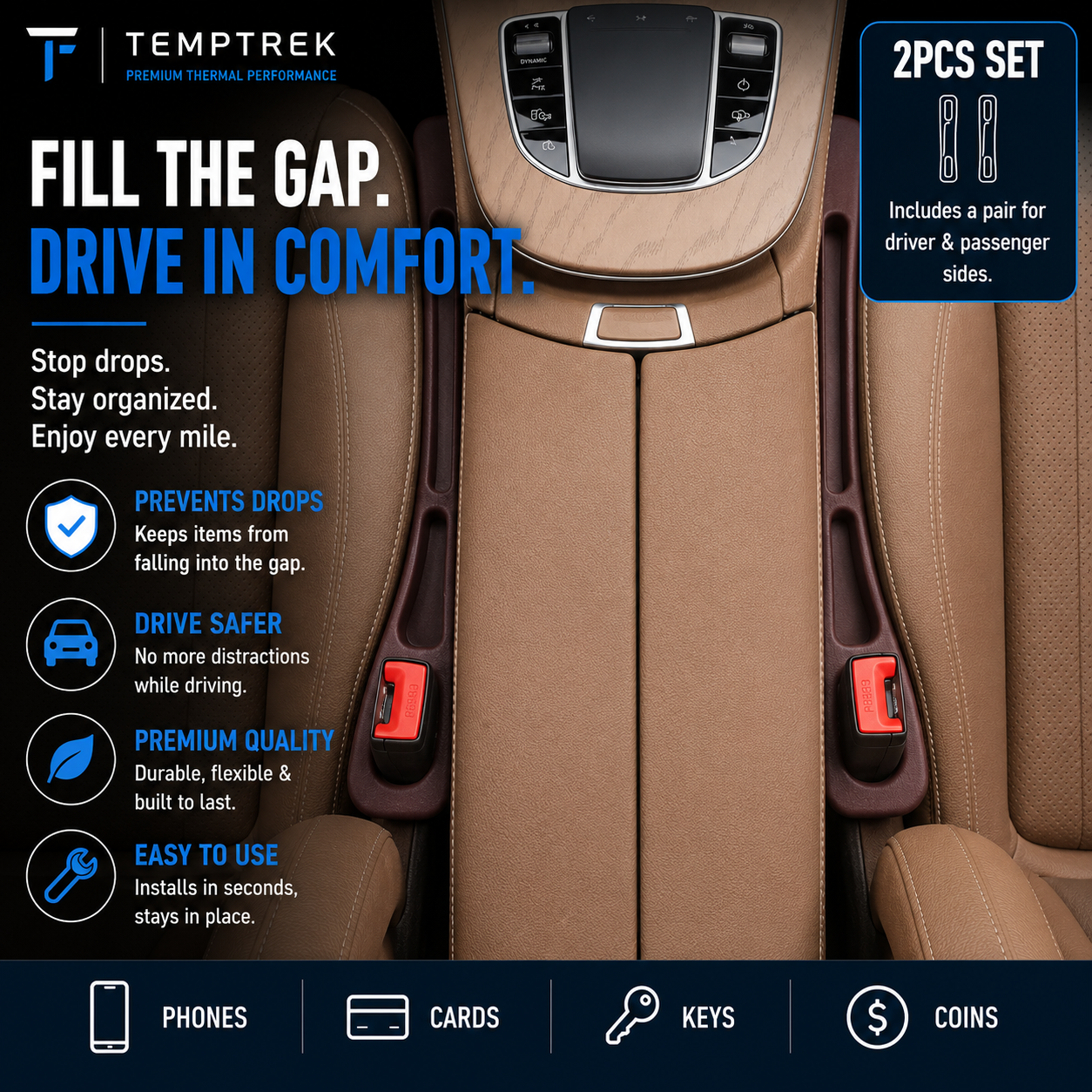 Overhead view of two GapGuard pieces installed in tan leather seat gaps