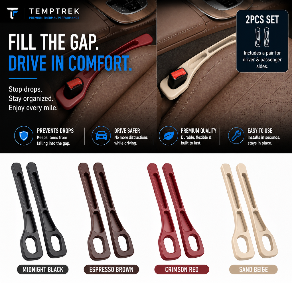 GapGuard installed in car seat gap; available in black, brown, red, and beige