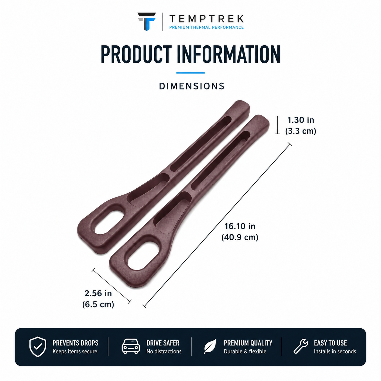 GapGuard dimensions diagram: 16.10 x 2.56 x 1.30 in, brown pair