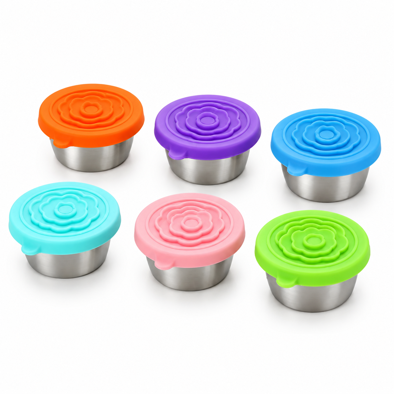 Six PrepCups stainless steel containers with silicone lids in six colors