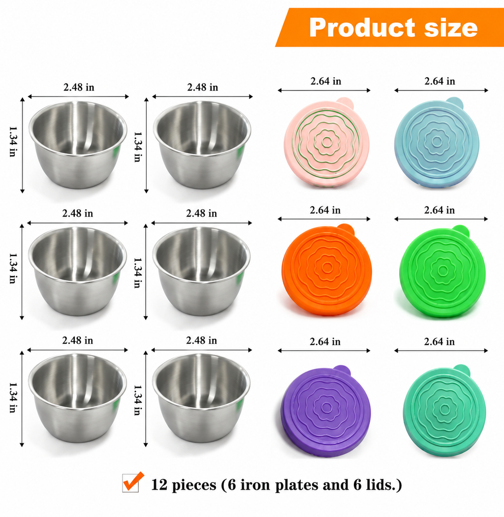PrepCups size chart: cups 2.48 x 1.34 in, lids 2.64 in, 12-piece set