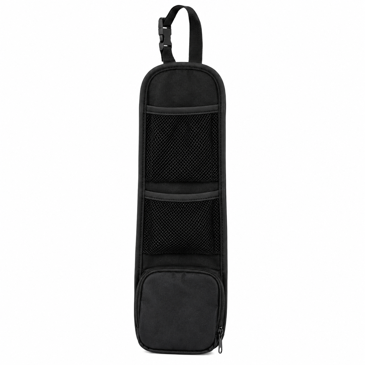 Black BackSeat Buddy narrow organizer with mesh pockets and zippered pouch