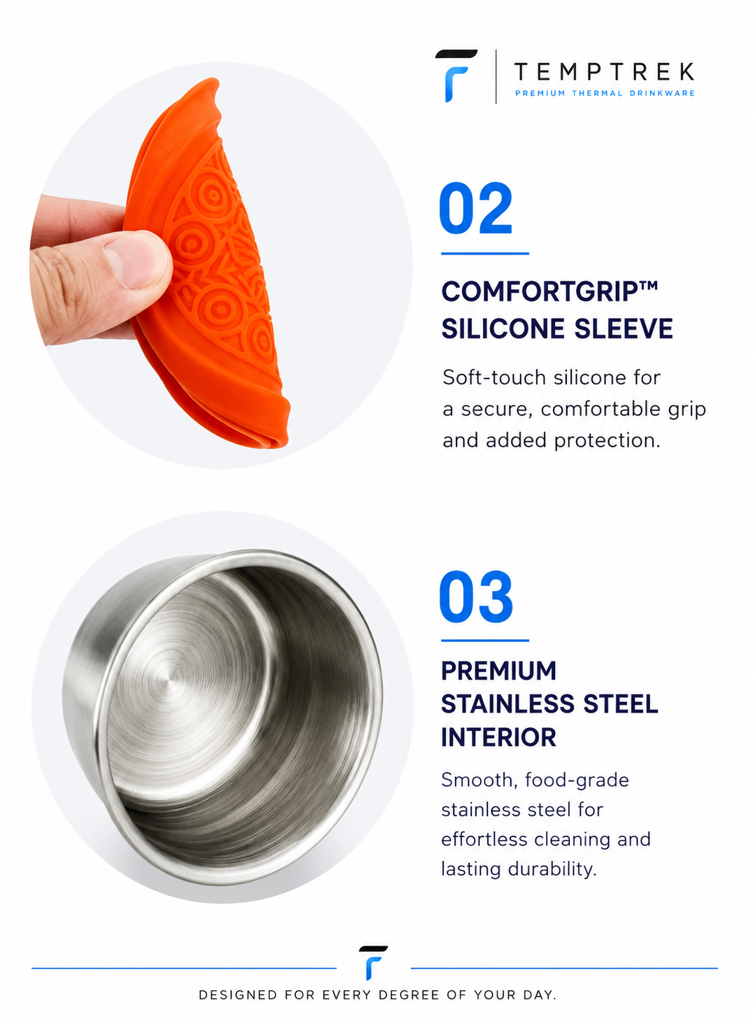 PrepCups detail: hand holding silicone lid and empty stainless steel interior