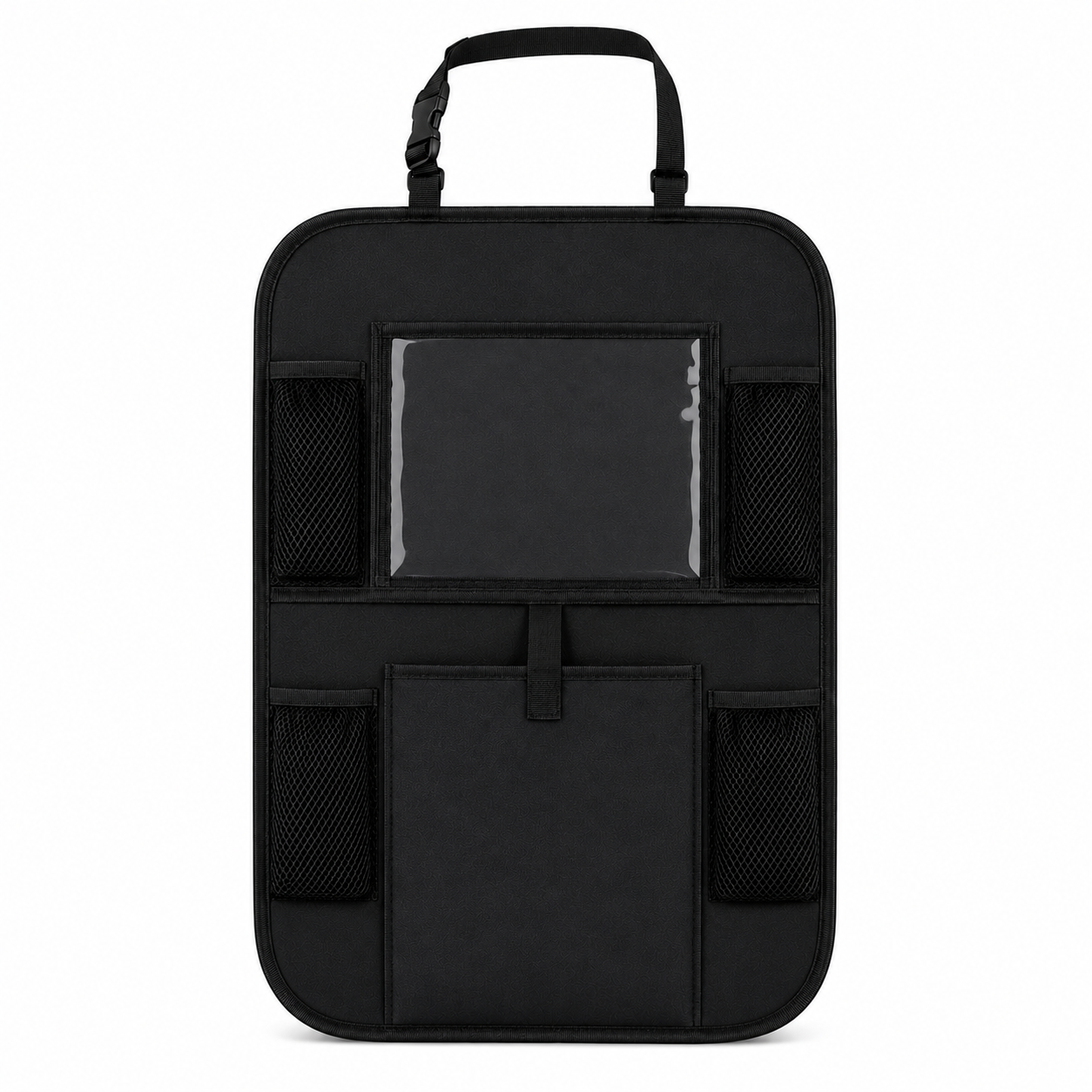 Black BackSeat Buddy organizer, front view showing tablet pocket and storage compartments
