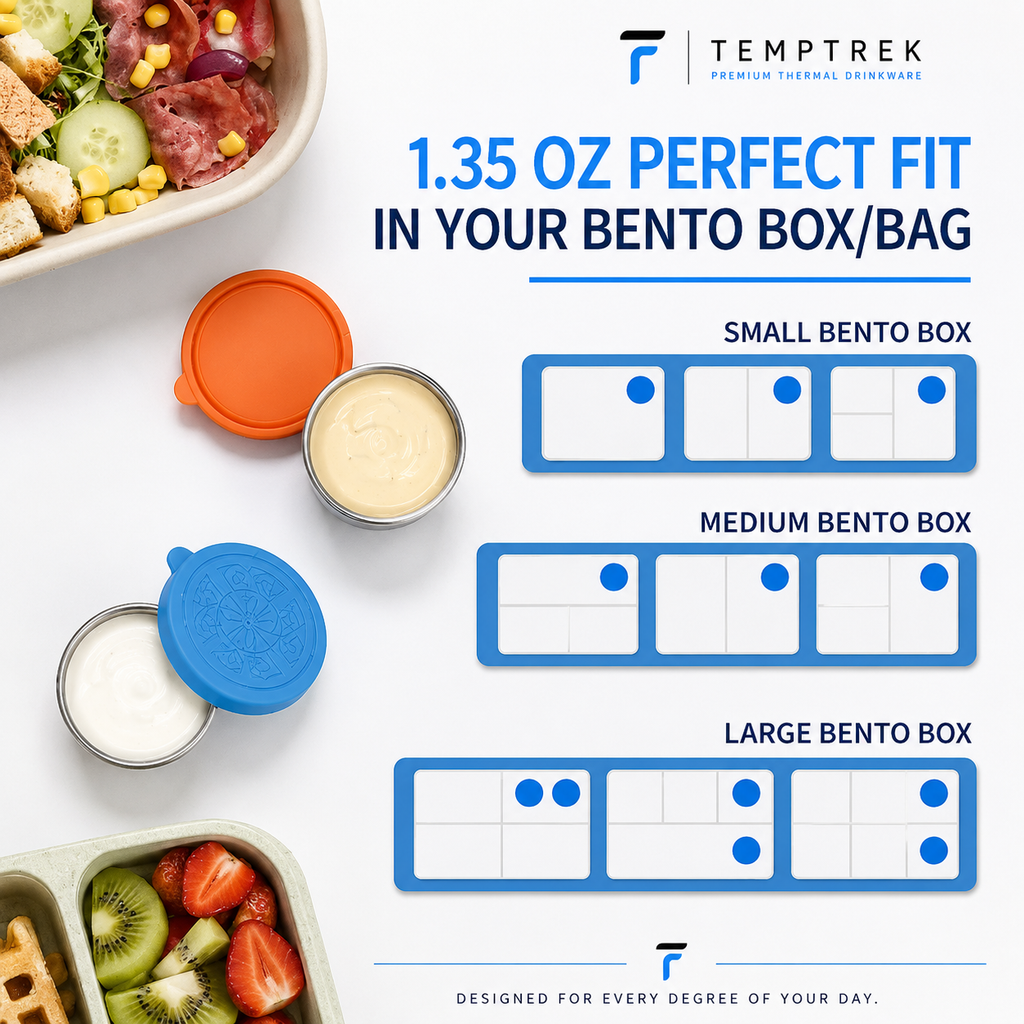 PrepCups bento box fit diagram with filled cups beside salad and fruit