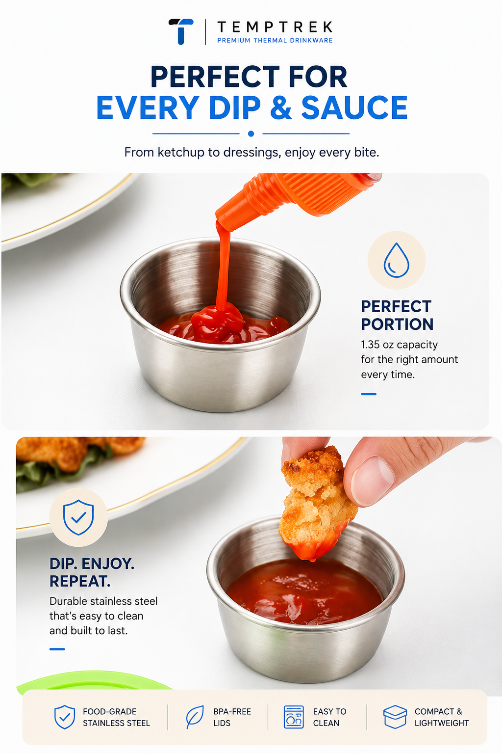 PrepCup filled with ketchup, and food being dipped into PrepCup sauce