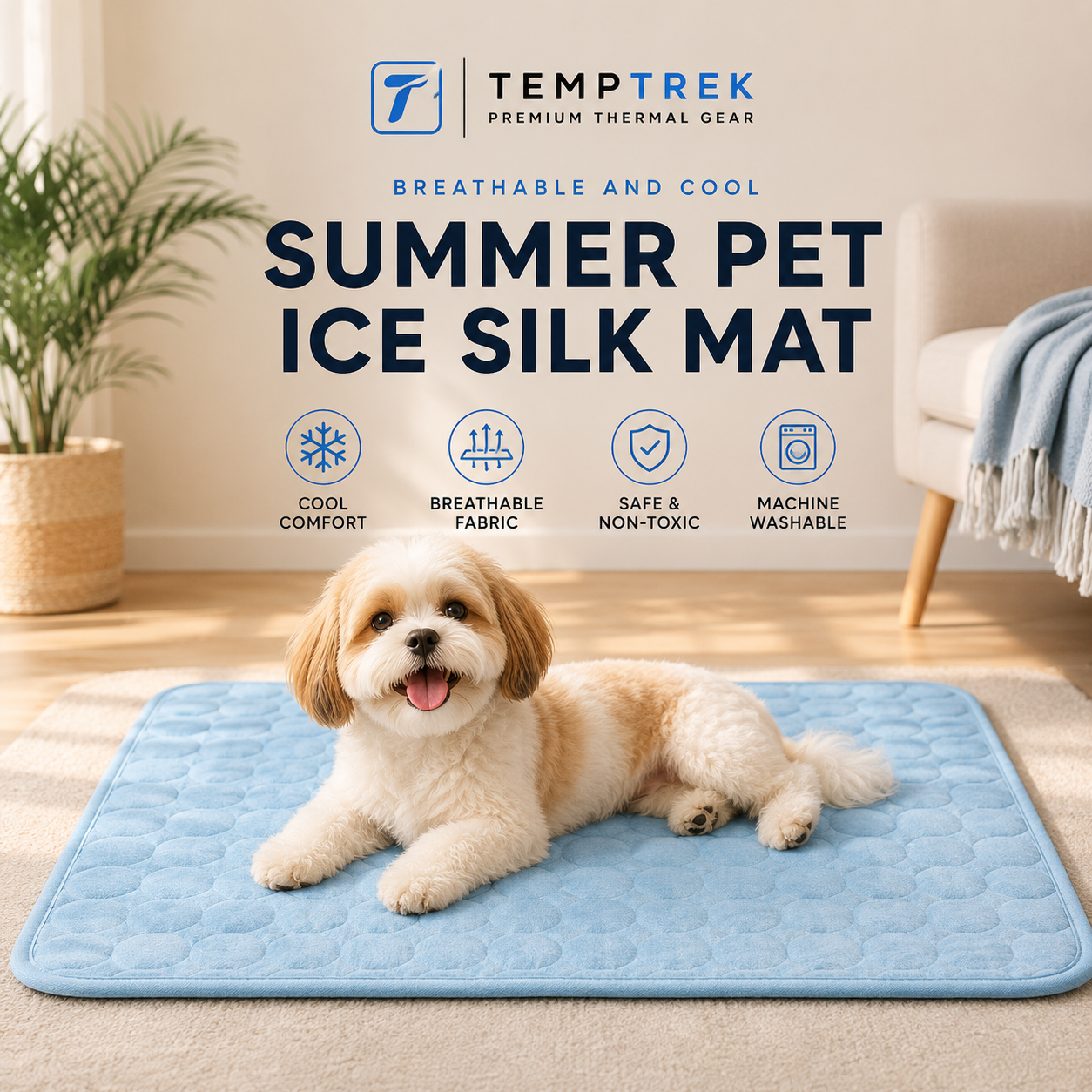 Small dog lying on light blue CoolMat cooling pad on a living room floor