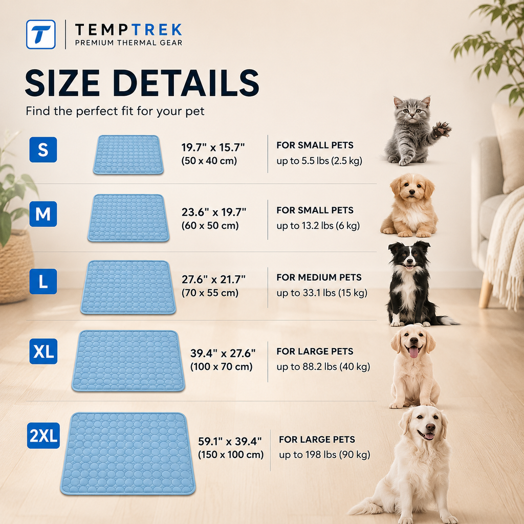 CoolMat blue size chart: S through 2XL dimensions matched to pet sizes