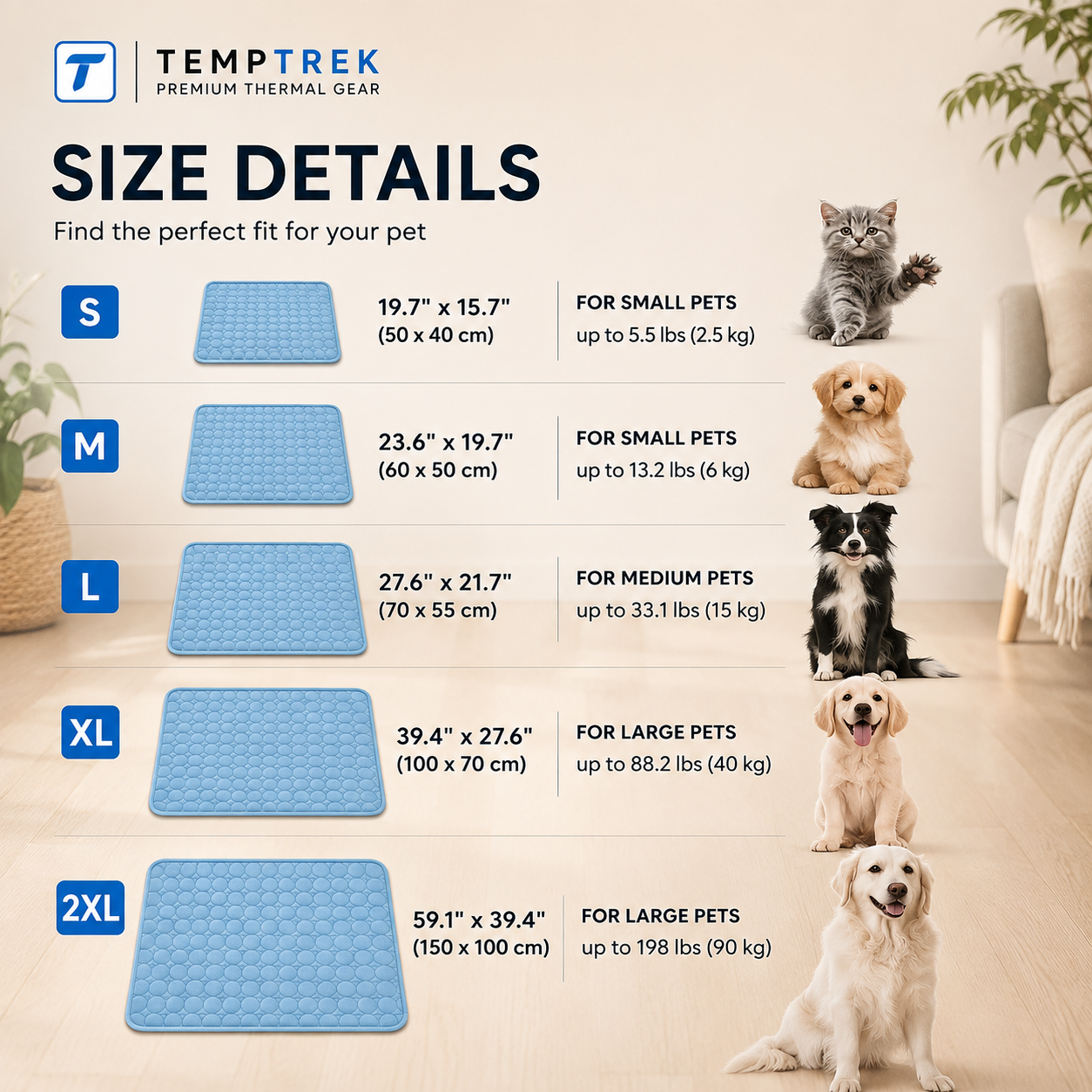 CoolMat blue size chart: S through 2XL dimensions matched to pet sizes