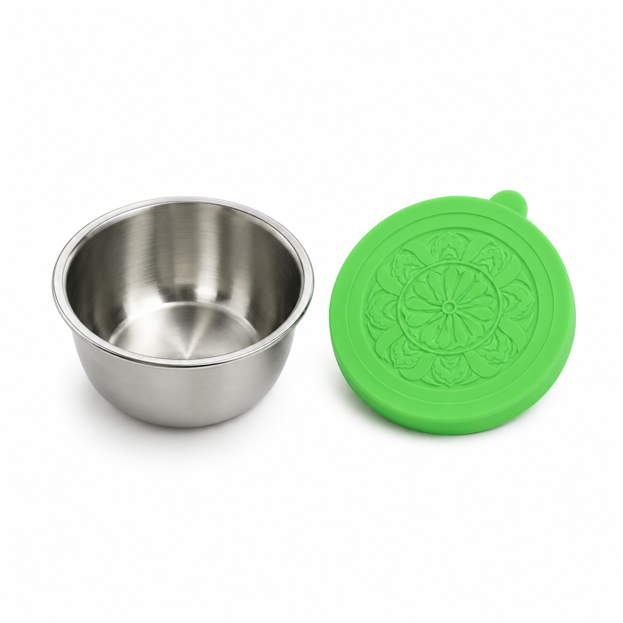 PrepCup stainless steel container beside its green silicone lid
