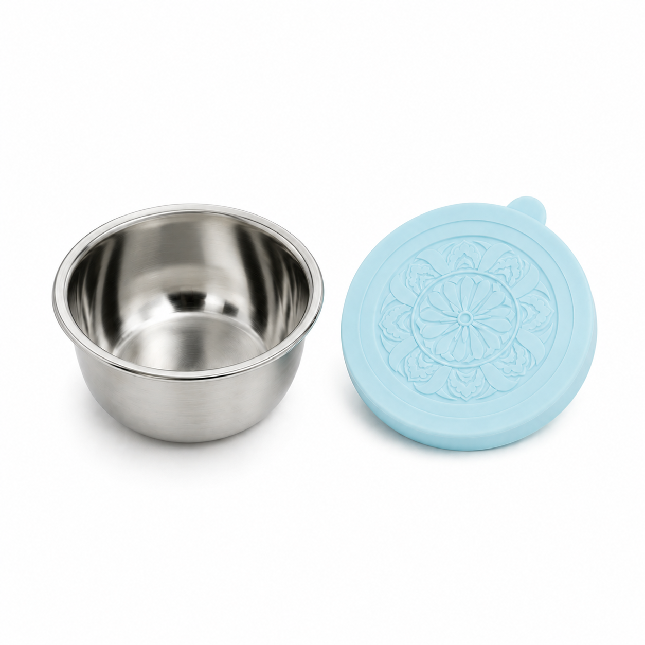 PrepCup stainless steel container beside its light blue silicone lid