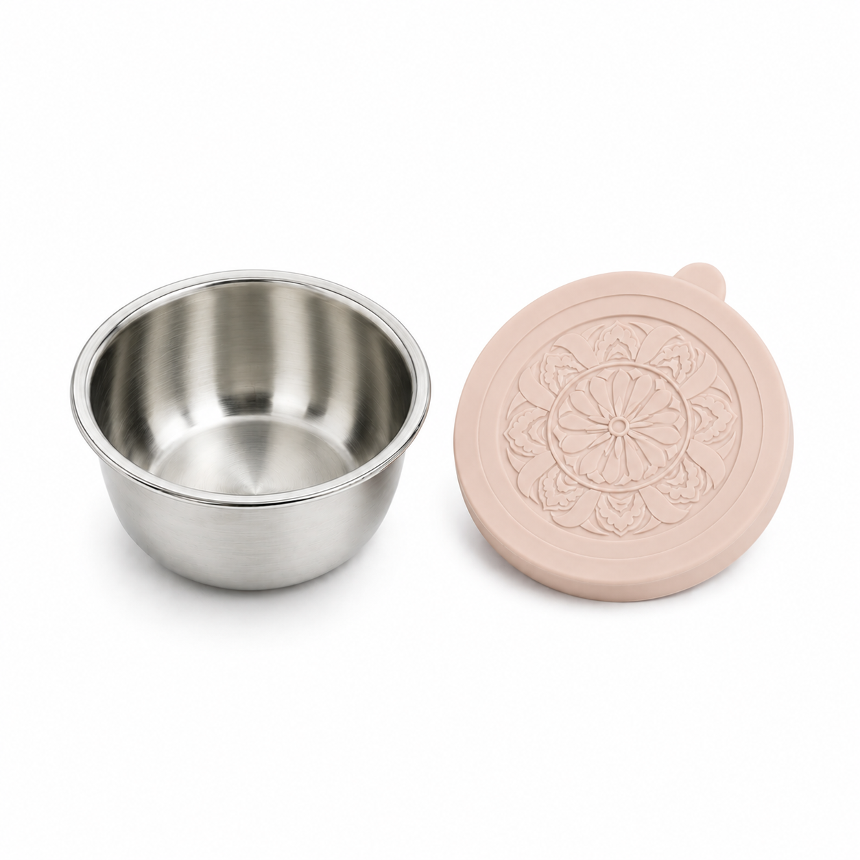 PrepCup stainless steel container beside its pink silicone lid