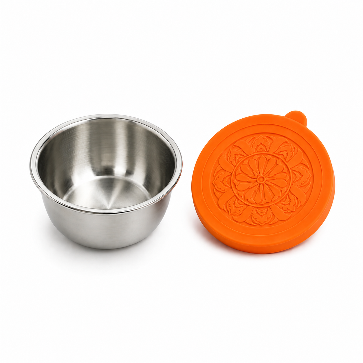 PrepCup stainless steel container beside its orange silicone lid