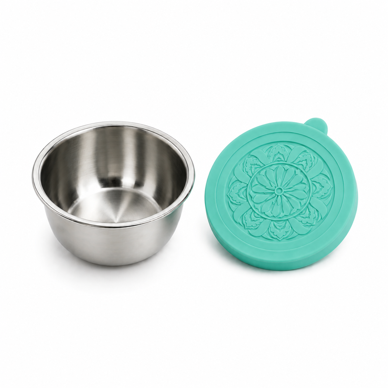 PrepCup stainless steel container beside its teal silicone lid