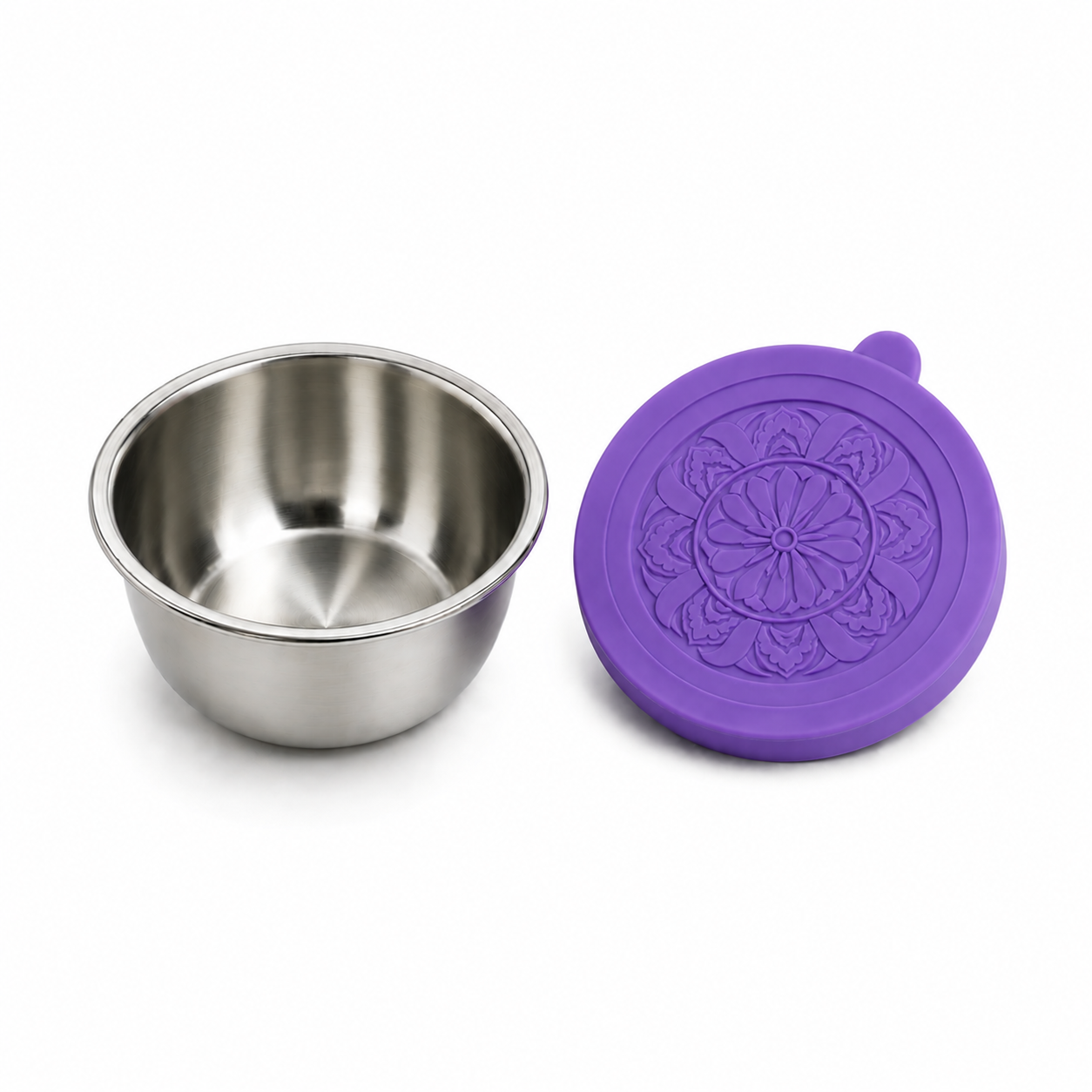 PrepCup stainless steel container beside its purple silicone lid