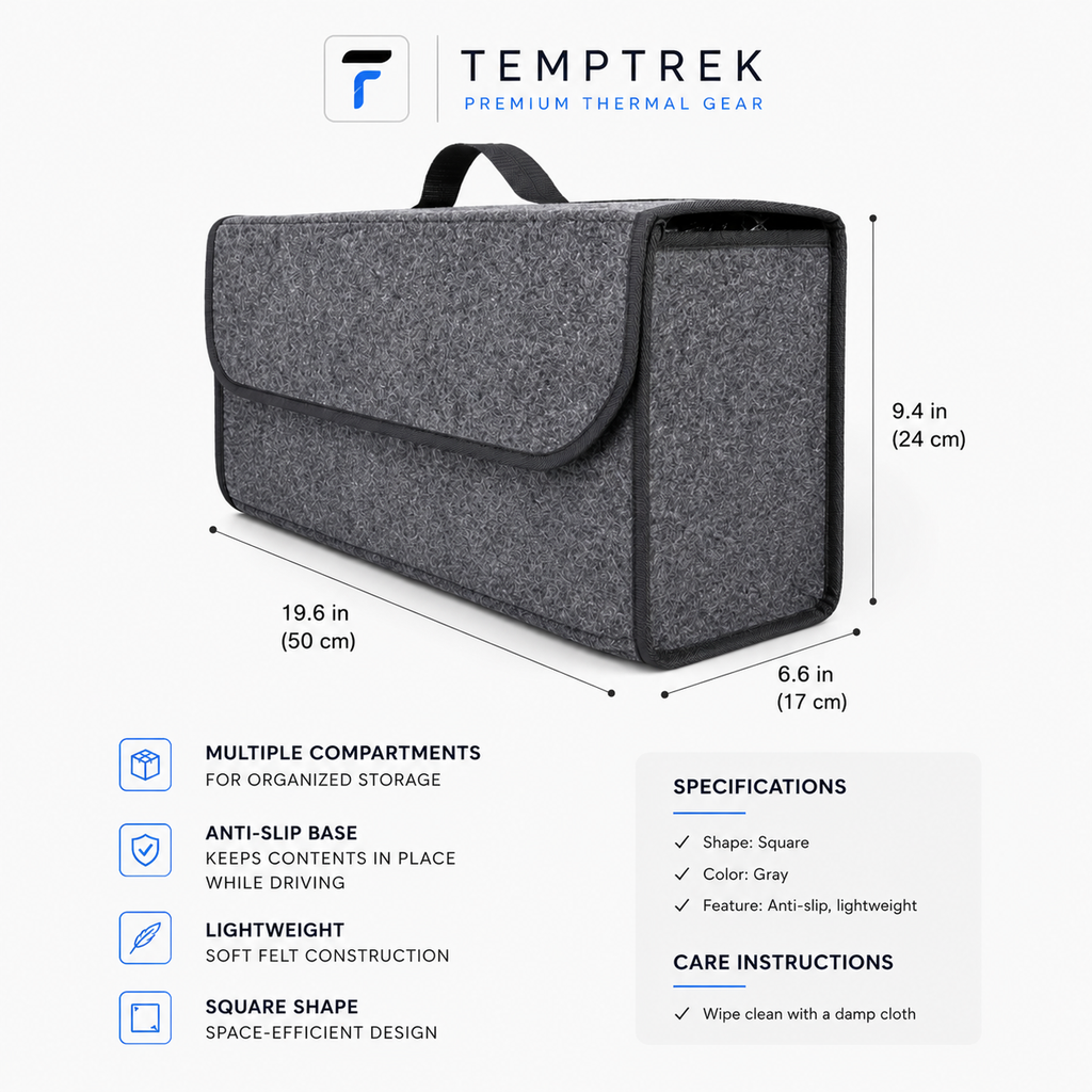 TempTrek TrunkTidy car trunk organizer shown with its dimensions labeled: 19.6 x 6.6 x 9.4 inches.