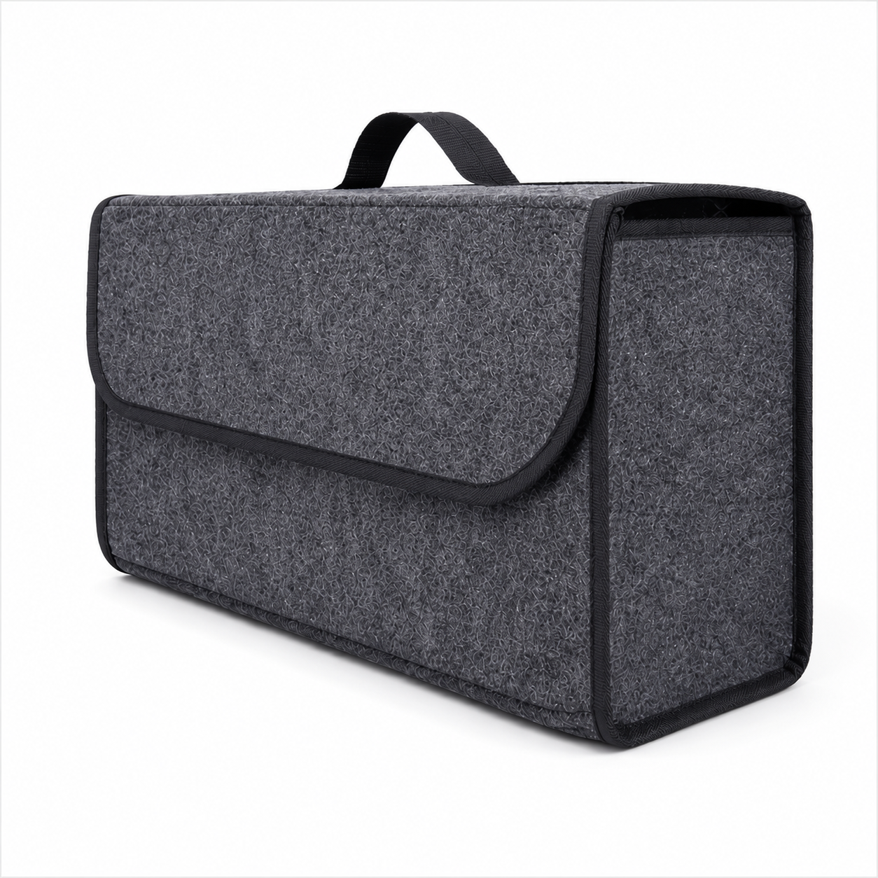 TempTrek TrunkTidy gray felt car trunk organizer with carry handle, shown at an angle on a white background.