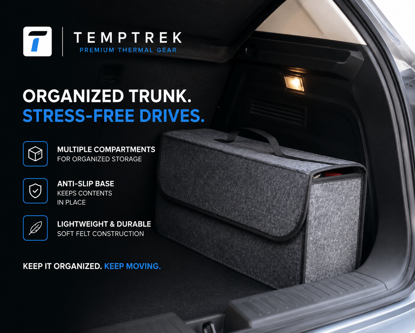 TempTrek TrunkTidy gray felt trunk organizer placed inside an open car trunk.