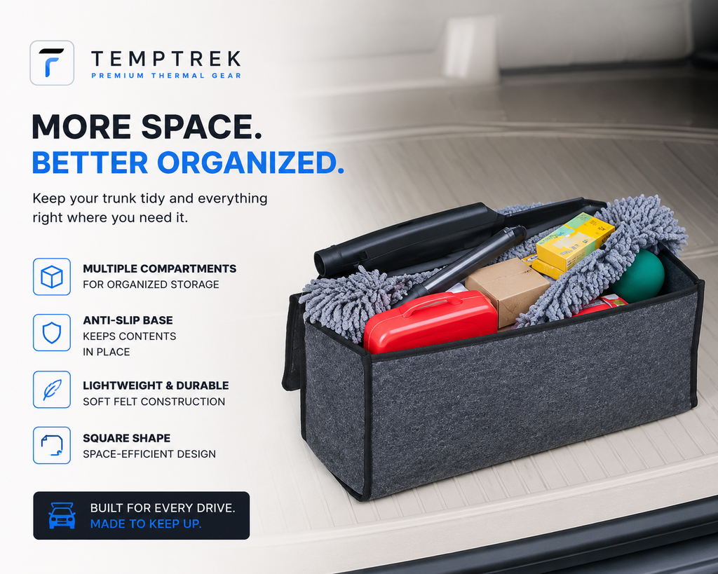 TempTrek TrunkTidy open and filled with cleaning cloths and accessories inside a car trunk.