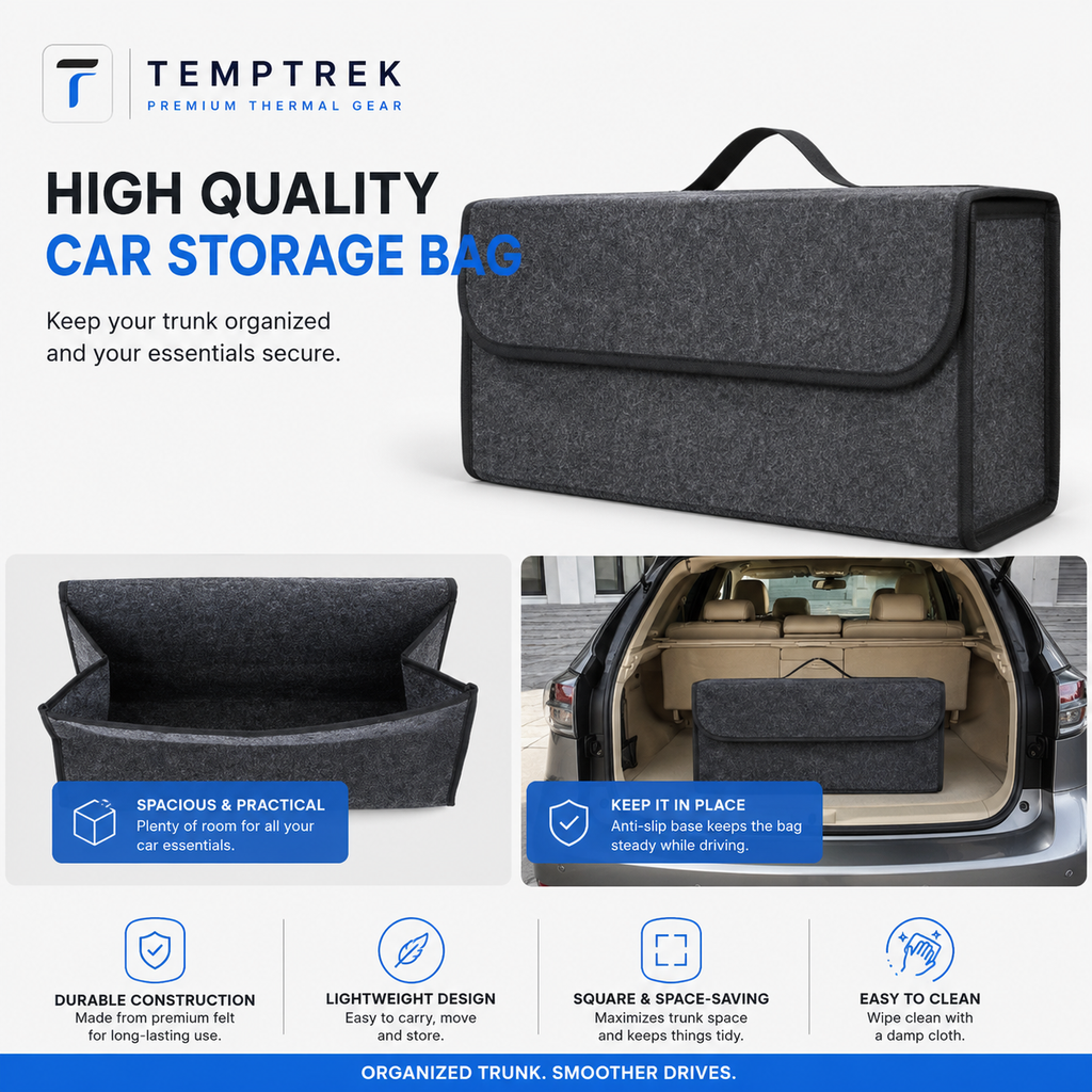 TempTrek TrunkTidy shown open and empty, and placed inside a car trunk behind the back seats.