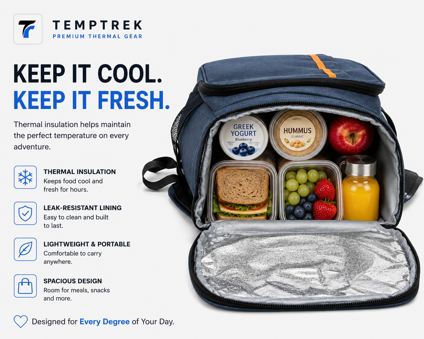 Navy TrailPack cooler backpack open, packed with sandwich, fruit, yogurt and hummus containers